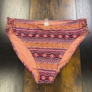 Lysa Swim Women 2X Bikini Bottoms Boho Strappy High Waist Burgundy Orange‎ Print